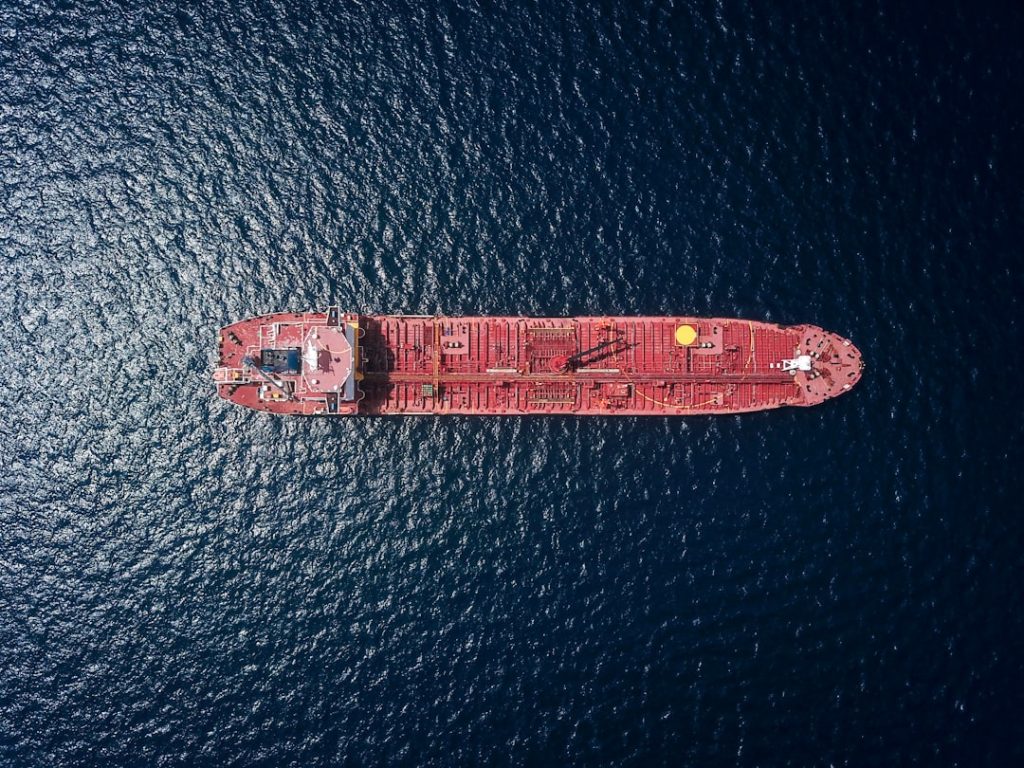 Aerial view of a cargo ship at sea