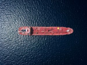 Aerial view of a cargo ship at sea