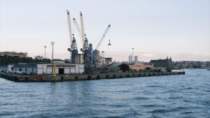 Industrial port cargo terminal with cranes