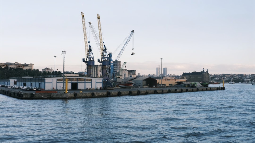 Industrial port cargo terminal with cranes